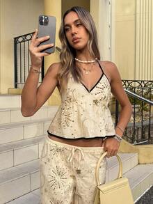 SHEIN Frenchy Women's Elegant Sequin  Contrast Embellished Open-Back Halter Neck In Embroidery Halter Backless SequCrop Top ,Summer, Streetwear Women Old Money Style Women Cute Tops Women Halter Top Going Out Tops Women Business Casual Woman Tank Top Chic Summer,Summer Tops - Apricot - View 5