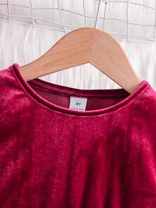 SHEIN Glamorique Kids 年轻女孩渐变网纱下摆圆领长袖优雅连衣裙 - 紅色 - 查看 3