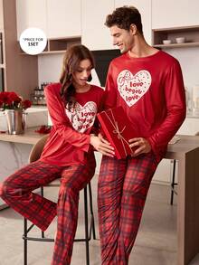 CoupledUp Valentine's Day Heart Print Contrast Color Plaid Long Sleeve Pants Men Pajama Set - Multicolor - View 6