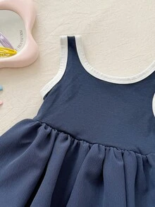 SHEIN 女婴圆领撞色滚边爱心印花无袖连衣裙 - 藏蓝色 - 查看 7