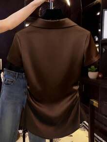 Franclia 女士优雅纯色翻领短袖衬衫 - 咖啡棕 - 查看 2