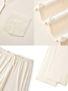 LUVLETTE 大码柔软100%纯棉蕾丝优雅饰边纽扣衬衫长裤家居服睡衣套装，女士四季睡衣内衣套装 - 白色 - 查看 3