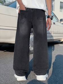 Little Byeori 青少年男孩时尚休闲 Y2K 复古酷炫街头基础款简约舒适黑色牛仔宽松直筒牛仔裤，适合日常穿着、春夏锐舞节和街头服饰。 - 黑色 - 查看 3