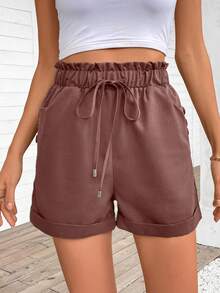 SHEIN LUNE Quần short nữ dáng suông, cạp chun, gấu quần xắn, màu trơn, kiểu túi giấy, đa năng cho đi làm hàng ngày và mùa hè. - Cocoa - Xem 4