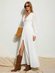 COSMINA 白色刺绣灯笼袖V领腰部褶皱开衩下摆连衣裙，波西米亚风度假连衣裙，优雅休闲浪漫度假连衣裙 - 白色 - 查看 3
