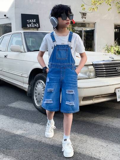 Tween Boy Fashion Casual Vintage Cool Street Cut Out Ripped Frayed Loose And Comfortable Blue Hole-Front Drawstring Denim Shorts For Kids Clothes Tween Boy Dailywear And Kids Spring To Summer Rave Outfits Festival And Outfits Streetwear Clothes