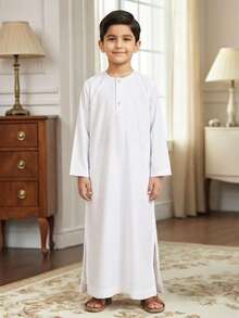 Tween Boy Casual Vintage, Loose Long Shirt, Arabic Style Long Robe Shirt, Suitable For Spring/Summer, Suitable For Home, Suitable For Gatherings - White - View 1