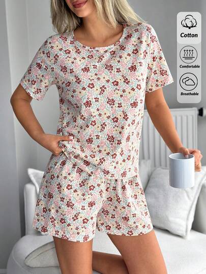 EURMUSE Women Cotton Floral Pattern Detail Round Neck Short Sleeved Shirt&Shorts Homewear Comfort Pajama Set Pj Sets For Women Short Sleeve Pajama Sets For Women Round Neck Lounge Sets For Women Short Sets Women Summer Pajama Sleep Wear Women Summer Floral Pj Set Lace Summer Pj Set Vintage Pajama Set