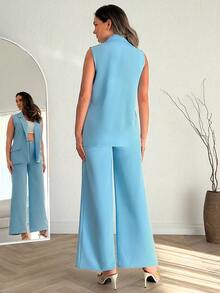 EURMUSE Women Solid Color Vest And Wide Leg Pant Suit Sets - Blue - View 7