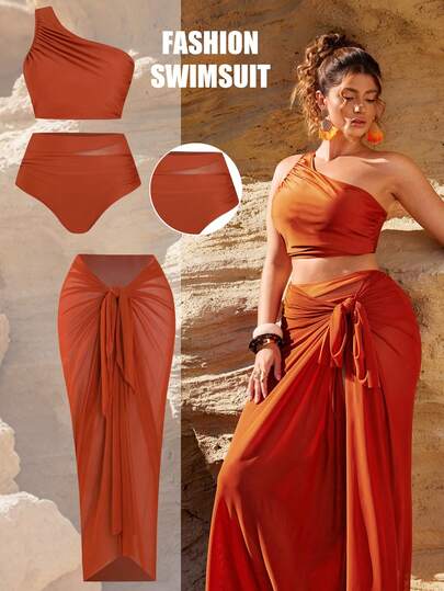 Swim Oasis Plus Size Women One Shoulder High Waist Mesh Inset & Ruching Detailing,Tankini Swimsuit Set With Mesh Wrap Skirt, 3 PiecesVacation Swimwear, For Summer Beach Vacation,Summer Holiday Outfits,Elegant