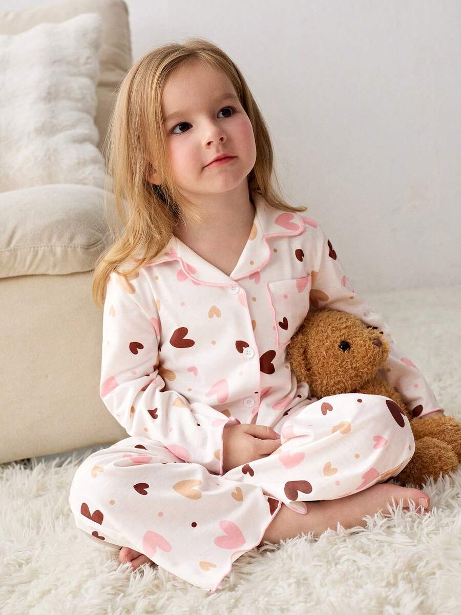 Maija Kids 两件套女童爱心图案针织柔软圆领短袖上衣和松紧腰裤套装 - 彩色 - 查看 1