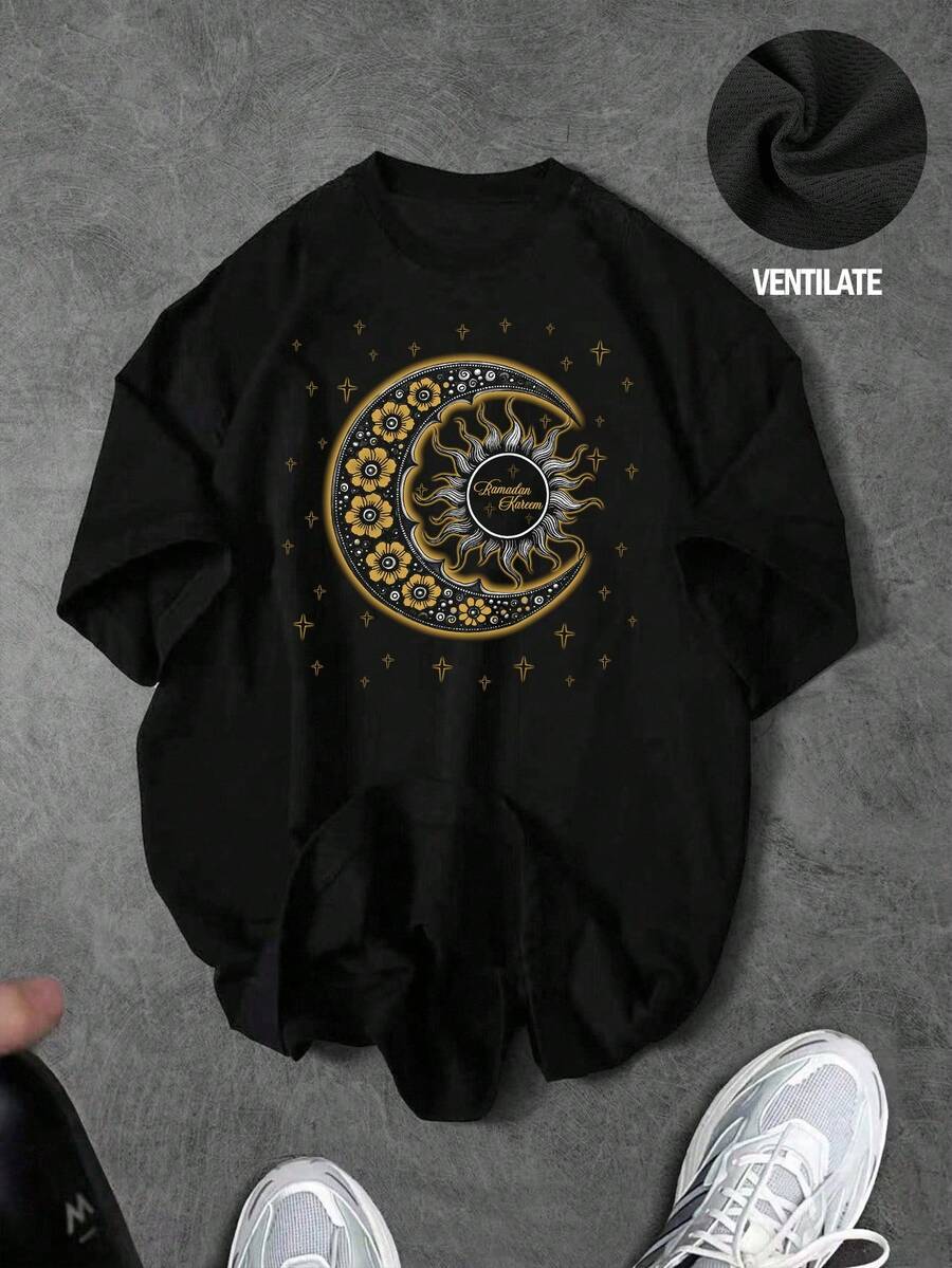 Sport MetroGents 男士日月印花宽松圆领短袖运动T恤 - 黑色 - 查看 1