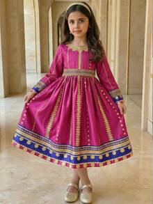 SHEIN Tween Girl Print Loose Flare Sleeve Midi Dress Tween Girl Arabian Dress, Tween Girl - Purple - View 3