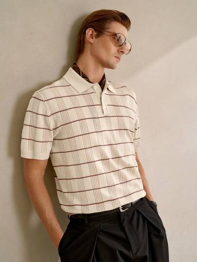 Manfinity CityGents Men's Striped Polo Collar Short Sleeve Casual Knit Top,Summer Mens Knit Shirt Men Buttoned Knitted Polo Polo Shirts For Men Collar Striped Polo Shirt