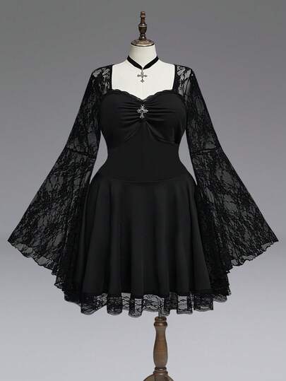 Gothic Kreuz Spitze Patchwork Quadratischer Ausschnitt Damen Große Größen Weites Ärmel A-Linie Kleid