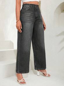 EURMUSE 100%Cotton Plus Cat's Whisker Washed Wide Leg Jeans - Dark Grey - View 3