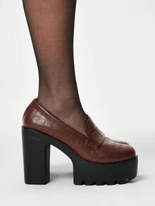 ROMWE Goth Fashionable Versatile Commute Thick Sole Chunky High Heel Pumps Valentine's Day - yellow brown - View 4