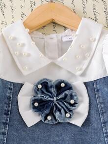 女童象牙色翻领泡泡袖牛仔拼接连衣裙，饰有花朵串珠，优雅时尚的夏季女童装扮 - 白色 - 查看 7