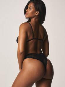 MISSGUIDED Lace Bralette And Panty Set With Strappy Cut Out Details Eyelash Lace Trim Support Intimate Lingerie - Black - View 2