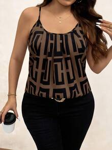 Chikora Plus Size Women Geometric Print Casual Pleated Camisole, Going Out Tops - Brown - View 3