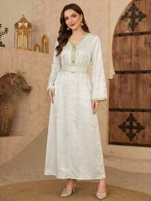 Al Najma Acetate Jacquard V-Neck Striped Ruffle Cinched Waist Turkish Maxi Dress For Women - Beige - View 4
