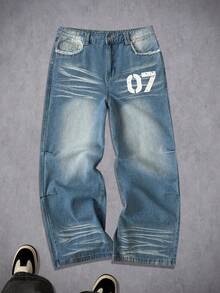 Manfinity ZONE917 Quần jeans ống rộng nam kiểu American Vintage màu xanh nhạt bạc màu, in họa tiết kỹ thuật số, rách rưới. - Màu xanh lam - Xem 1