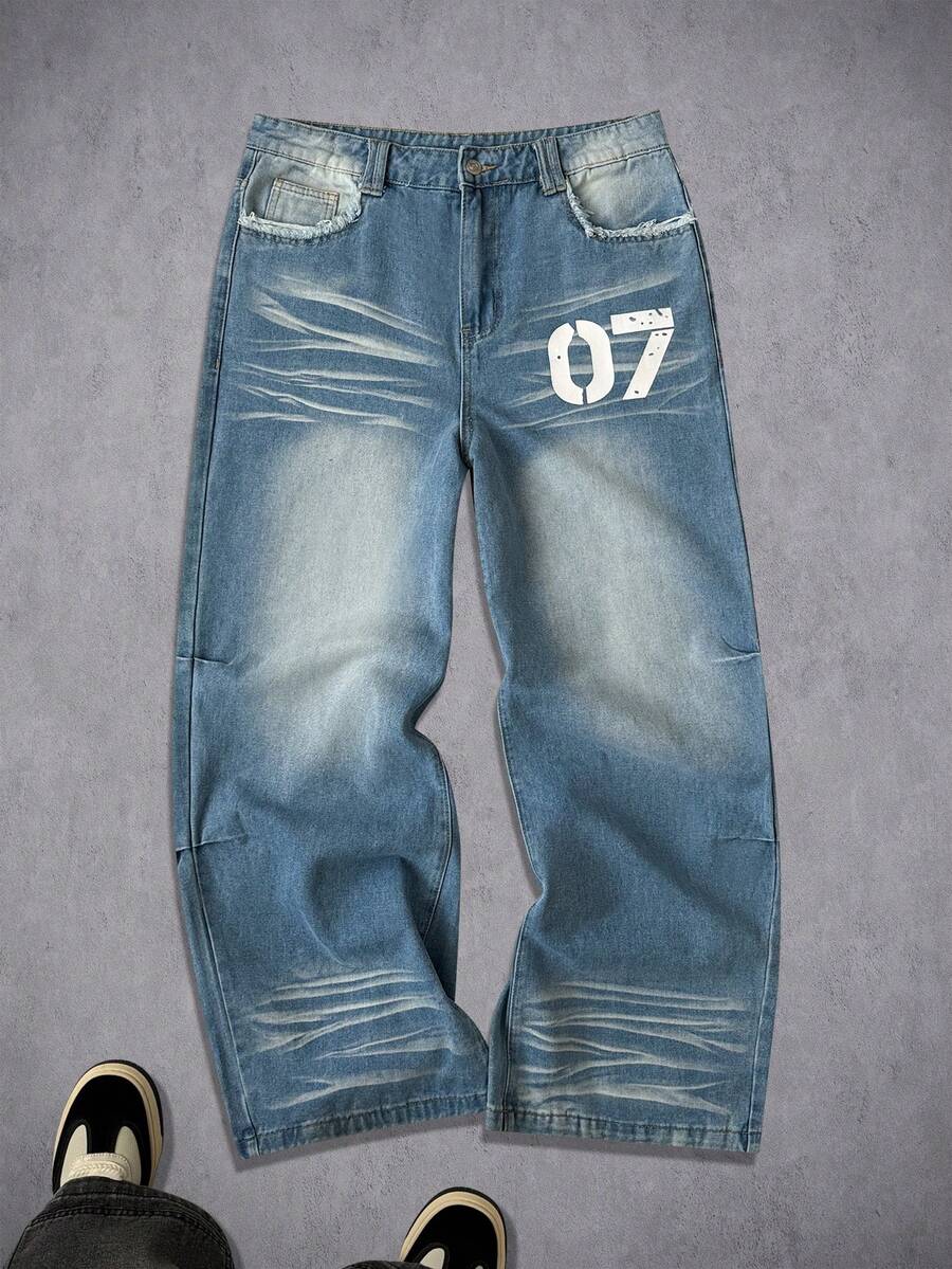 Manfinity ZONE917 Quần jeans ống rộng nam kiểu American Vintage màu xanh nhạt bạc màu, in họa tiết kỹ thuật số, rách rưới. - Màu xanh lam - Xem 1