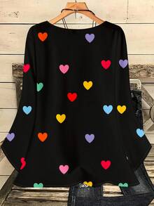 EMERY ROSE Áo thun nữ cỡ lớn in hình trái tim nhiều màu sắc, dáng rộng, cổ tròn, tay lỡ 3/4, thích hợp cho ngày Valentine, kỳ nghỉ/mùa hè/mùa xuân. - Nhiều màu - Xem 2