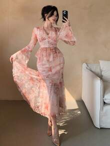 DAZY Damen elegantes 2-teiliges Set aus Blumenprint V-Ausschnitt Bluse mit Glockenärmeln und Rock, Frühling/Sommer - Pink - Übersicht 7