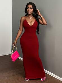 SHEIN Slayr 性感优雅吊带修身荷叶边低胸长裙，酒红色 - 酒紅色 - 查看 6