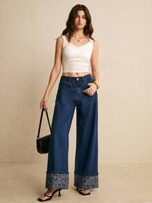 Poéselle 女士口袋宽松阔腿休闲百搭牛仔裤，低腰宽松版型，卷边裤脚，深蓝色印花面料。适合春夏、情人节、生日等场合，Y2K风格。 - 深色水洗藍 - 查看 3