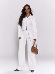 MUSERA Fitted Hook Eye Detail Cinched Seams Long Sleeve Denim Jacket Streetwear Cute Classy Casual Sexy Going Out Fall Autumn Toffee Chic Spring Summer - White - View 4