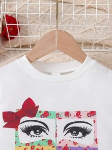 两件套女童白色圆领印花短袖上衣搭配黑色碎花蛋糕裙套装，春秋季 - 白色 - 查看 6