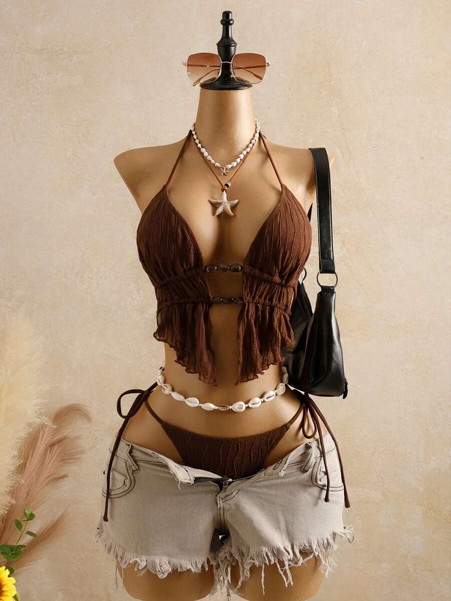 Bellisia 棕色纹理针织串珠石女士吊带比基尼上衣 - 彩色 - 查看 1