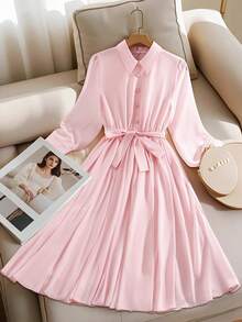 GlowEve Light Pink Collared Waist-Cinched Pleated Hem Long Sleeve Chiffon Dress - Baby Pink - View 3