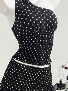 Elamini Women's Polka Dot Halter Backless Tie Waist Crop Top & Ruffle Hem Mini Skirt Set, Elegant & Romantic, Suitable For Beach, Daily Wear, Dates And More - Black - View 5