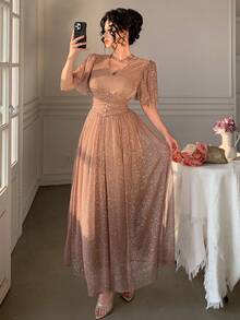 DAZY 女士优雅亮片V领荷叶袖抽绳连衣裙，夏季婚礼宾客礼服闪亮长裙吊带裙 - 金色 - 查看 7