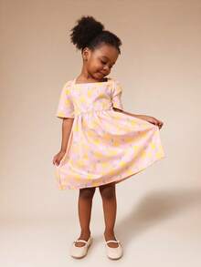SUMWON 女童荷叶袖柠檬印花粉色连衣裙，方领设计，夏季休闲A字及膝连衣裙，适合节日场合穿着 - 粉色 - 查看 5