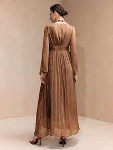 Arave Elegant French V-Neck Flare Sleeve Dress - Brown - View 3