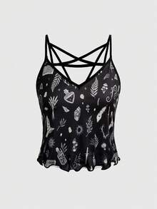 ROMWE Women's Gothic Magic Element Print Camisole Top And Shorts Pajama Set, Summer - Black - View 5