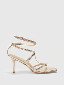 CUCCOO SZL Sandalias de vestir de tacón alto con puntera abierta y detalles metálicos dorados para mujer - Dorado - Ver 2