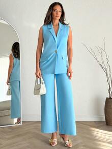 EURMUSE Women Solid Color Vest And Wide Leg Pant Suit Sets - Blue - View 4