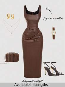 SHEIN Tall CURVE Women's Plus Size Chocolate Brown PU Leather Square Neck Pleated Dress,Elegant Autumn Bodycon Fitted Dress For Date Night,Party & Graduation Outfits - Brown - View 1