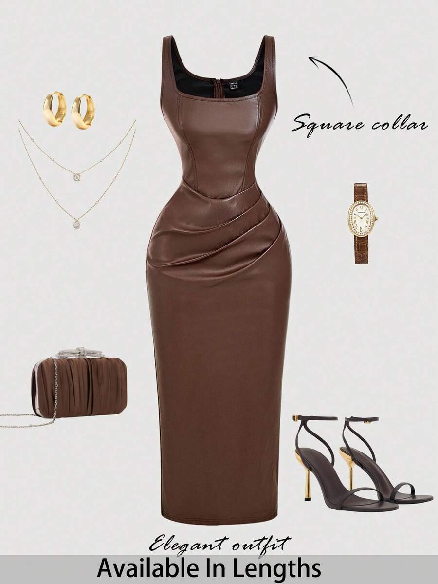 SHEIN Tall CURVE Women's Plus Size Chocolate Brown PU Leather Square Neck Pleated Dress,Elegant Autumn Bodycon Fitted Dress For Date Night,Party & Graduation Outfits - Brown - View 1