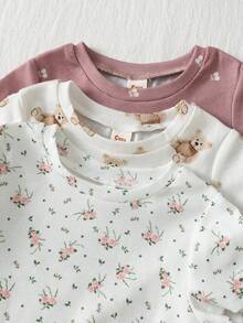 Cozy Pixies 3pcs Baby Girl Cartoon Bear Pattern Knitted Soft Long Sleeve Ruffle Hem Pullover Outfit Set Baby Summer Tops Baby Girl Tops Earth Tone - Multicolor - View 3