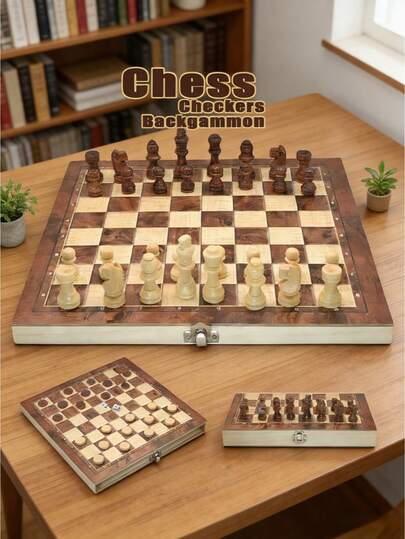 1 Set Chess Checkers Backgammon 3-In-1 Board Games Set, Wooden Chess Board With Plastic Chess Pieces For Adults,Lightweight Checkers Board Game,Strategy Backgammon Sets For Adults, Travel Chess Board Game Pieces Storage