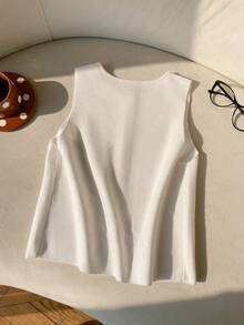 SHEIN EZwear Summer Old Money White Front Button Embroidered Round Neck Casual Knit Vest For Women - White - View 2