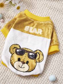 PETSIN 1 Cool Printed Brown Bear Flannel Sweatshirt, Thick And Warm For Pets In Autumn And Winter, Yellow White