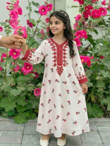 SHEIN Tween Girl Floral Print V-Neck Long Sleeve Loose Dress Long Modest Dresses For Girls - Multicolor - View 12