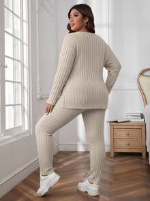 SHEIN Cottnline Plus Size Women Solid Color Crew Neck Ribbed Long Sleeve Top And Pants Casual Outfit - Beige - View 2